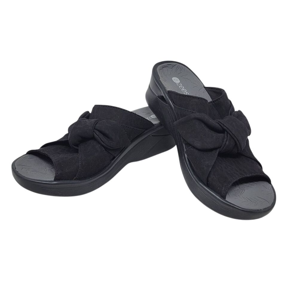 Bzees Smile Wedge Sandals Womens 7.5 M Black Slip On Bow Comfort Casual Shoes